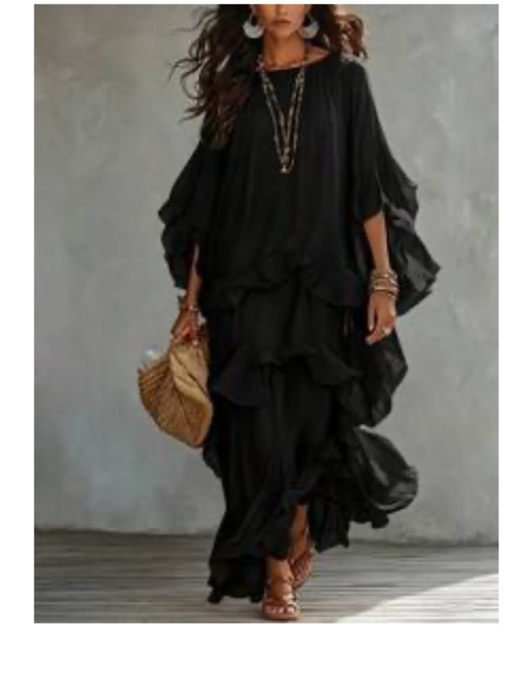 SHEIN Black Tiered Maxi Dress with Batwing Sleeves